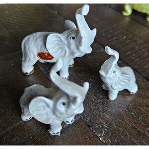 Vintage Bone China Elephant Figurines Family of 3 Hand Painted Japan Trunks Up